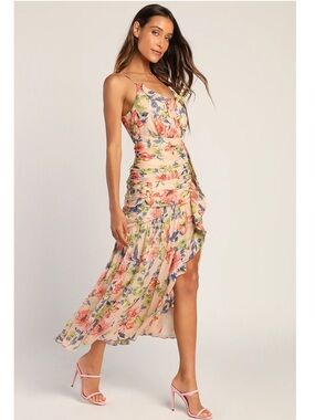 Lulus Stunning Soirée Blush Pink Floral Ruched Midi Dress NWT Medium